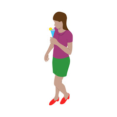 Woman in modern clothes stands with glass of drink in isometric view. Lady drinking a cocktail through a straw.
