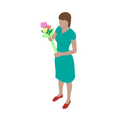 Young woman in a dress holds a bouquet of flowers in his hands. Romantic lady in isometric view.