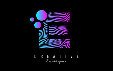 Obraz premium Purple Letter E logo with lines and dots. Vector illustration with geometric typography.