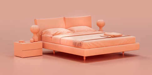 Monochrome bedroom scene with a double bed sheet, blanket, pillows and side tables.Rosy pink colorinterior room,  flat style single color composition, 3d rendering