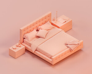 Isometric monochrome bedroom scene with a double bed, sheet, blanket, pillows and side tables. Pinkish orange, rosy color interior room,single color,  3d rendering