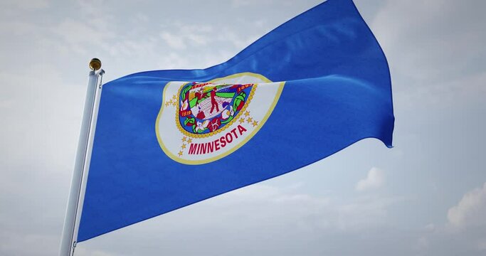 Minnesota flag on a flagpole in the USA waving in the wind. 3d render 4k.