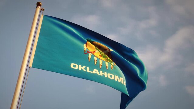 Oklahoma flag on a flagpole realistic waving in the wind. 3d render.