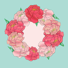 Floral background frame in the form of a wreath of bright pins, copy space, vector, hand drawing