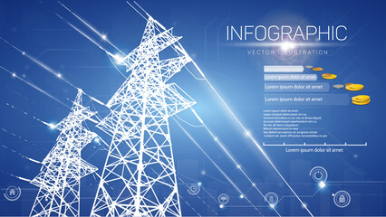 Electrical high voltage pylons, electricity price infographics. - obrazy, fototapety, plakaty