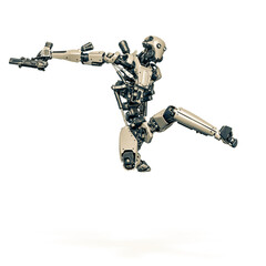 droid soldier is jumping fast in action and holding a pistol