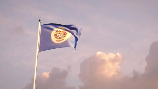 Slow motion Minnesota flag on a flagpole in the USA waving in the wind. 3d render 4k.