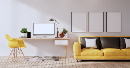 Mock up office table desk. blank computer screen in office modern room. 3d rendering