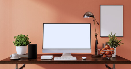 Mock up office table desk. blank computer screen in orange office modern room. 3d rendering