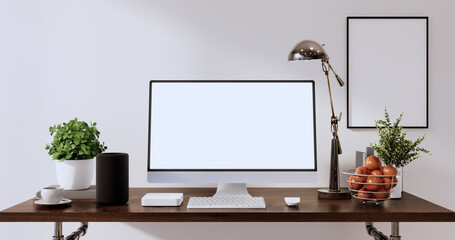 Mock up office table desk. blank computer screen in office modern room. 3d rendering