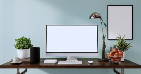 Mock up office table desk. blank computer screen in mint office modern room. 3d rendering