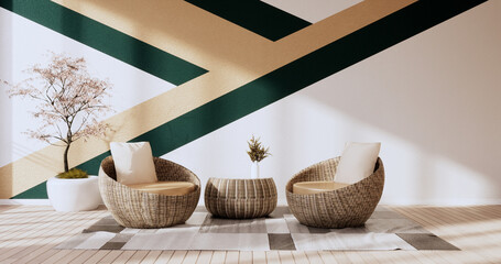 Fototapeta na wymiar Dark Green and Brown wall on living room two tone colorful design.3D rendering
