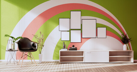 Green and pink wall on living room two tone colorful design.3D rendering