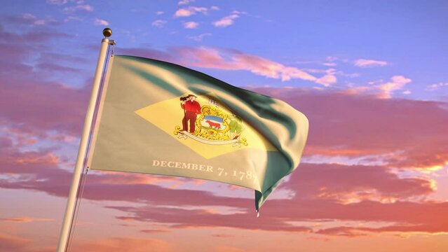 Delaware flag blows in slow motion. 4k animation render.