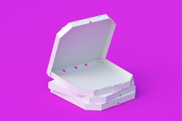 Open white pizza boxes. Fast food. Pizzeria advertisement. Food delivery. 3d render