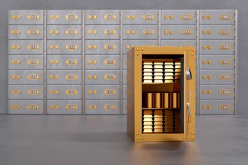 Realistic metal safe deposit boxes inside bank vault silver and gold colors with gold open safe box with with bars and coins inside. Concept for security and banking protection. 3d rendering.