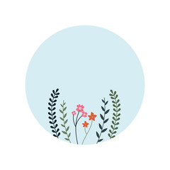 Colorful hand drawn flowers and plants on light blue round background. Space for text. Vector illustration.
