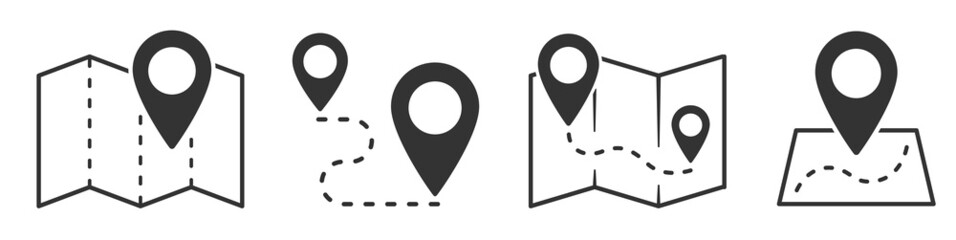 Map and location symbols set. Mapping icon collection. Geolocation map path distance. GPS cartography position. Pinpoint, map search, route, navigator - stock vector. - obrazy, fototapety, plakaty