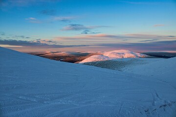 Endless landscape in Finish Lapland close to the ski resort of Ylläs during dusk