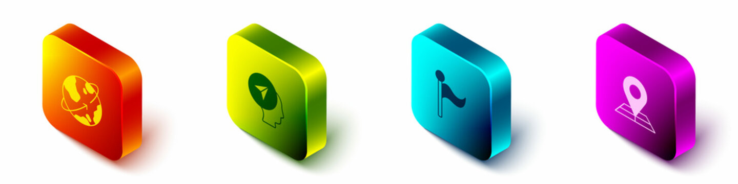 Set Isometric Satellites orbiting the Earth, Map marker with human, Flag and Folded map location icon. Vector