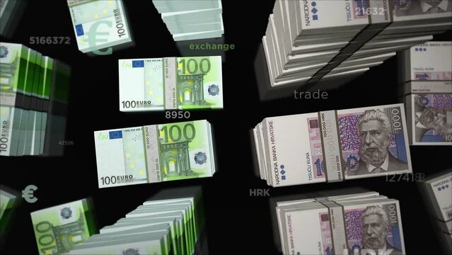 Euro and Croatia Kuna money exchange. Paper banknotes pack bundle. Concept of trade, economy, competition, crisis, banking and finance. Notes loopable seamless 3d animation.