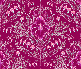 Abstract asian red flower pattern. Gladiolus and bluebells with leaves. Isolated seamless pattern with outline. Vector illustration for fabric, wrapping paper, wallpaper.