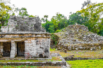 Fototapeta na wymiar Ancient Mayan site with temple ruins pyramids artifacts Muyil Mexico.