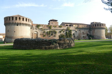 Sforza Castle in Imola, rear of the main building with ravines sorrouded by circular bastions and a...
