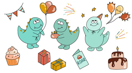 Dinosaur's birthday party. Balloons, cake, gifts , firework. Vector set
