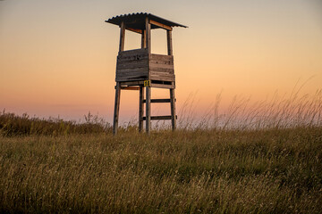 Hunting observation stand in Deliblato Sands, Serbia during sundown and early evening 