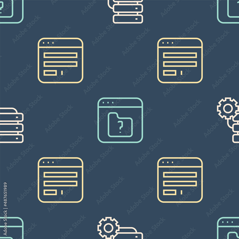 Poster set line server and gear, browser window and file missing on seamless pattern. vector