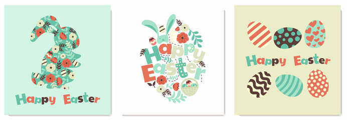 Happy Easter, vector symbols, icons and lettering design. Set Greeting cards in trendy colors, design elements. Vector illustration
