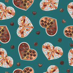 Vector seamless pattern top view gift open box with bronze ribbon and bow and chocolate candies on emerald background.