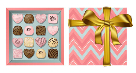 Vector festive top view pink blue gift open square box with golden ribbon and bow and colorful chocolate candies isolated on white.