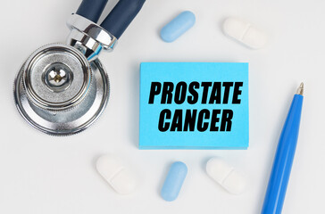 On a white surface lie pills, a stethoscope and stickers with the inscription - Prostate Cancer