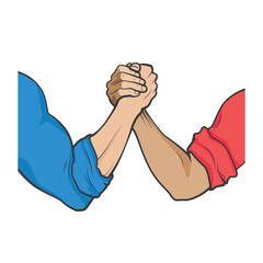 Armwrestling sport. Two arms competing. red and blue sleeve opponent symbol. arm wrestling vector cartoon illustration. Elbows on table game graphic stock image - obrazy, fototapety, plakaty