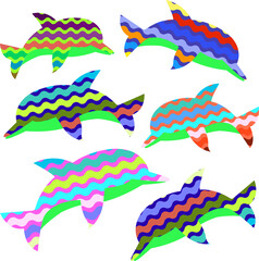 Naklejka premium Dolphin with wave color texture for flat sea style decor 