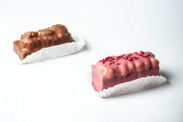 Closeup of chocolate bar isolated on background