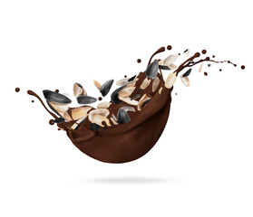 Sunflower seeds in chocolate splashes isolated on white background