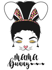 Mama bunny, messy bun. Happy Easter illustration.