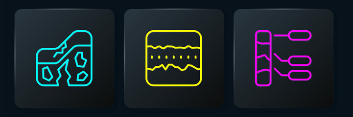 Set line Geological fault, Soil analysis and ground layers. Black square button. Vector