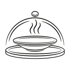 Restaurant serving, hot dish food on tray platter, lunch break time outline icon. Soup plate with steam under cloche. Cafe meal menu. Order eating, waiter service. Catering, regime eating. Line vector