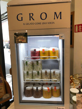 Prague, Czech Republic - July 23, 2020: Grom ice-cream display. Gromart S.p.A., traded as Grom, is an Italian gelato company
