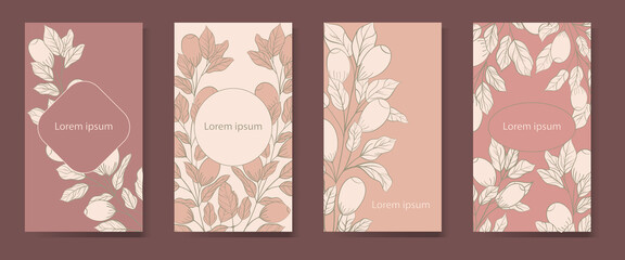 Set of four pink backgrounds with berries on a branch. Plant elements in the design of postcards, flyers, invitations, flyers, business cards, banners.