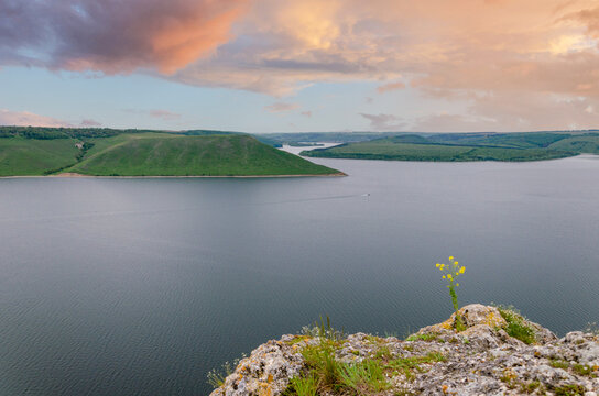 Beautiful view of green hills on the river.