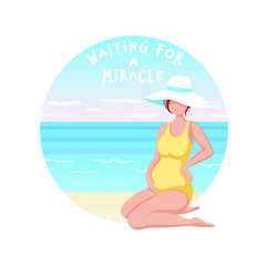 Pregnant woman in swimsuit is sitting on the beach. Summer vacation for happy pregnant woman. Health care during pregnancy concept. Waiting for a miracle. Vector illustration in cute cartoon style.