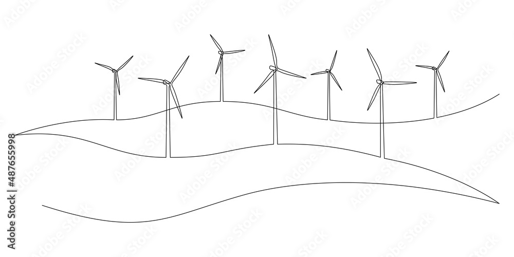 Leinwandbilder one continuous line drawing of wind farm turbines and windmill among hilly landscape. green energy a
