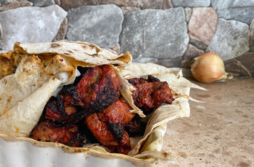 Pork shashlik in lavash. Close-up