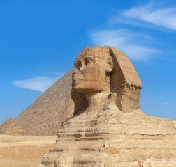 Great Sphinx of Giza near Cairo, Egypt. It is mythical creature with the head of man and the body of a lion. The face of the Sphinx appears to represent the pharaoh Khafre