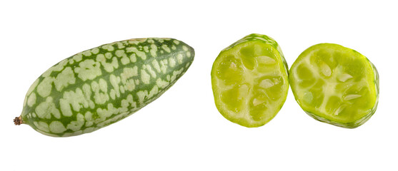   one whole and two pieces of melothria scabra , Mexican sour mini cucumber gherkin cut off and isolated on white background.